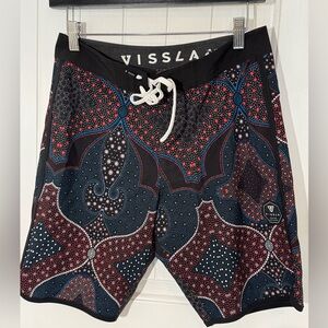 VISSLA Men's Swim Shorts - Black and Blue with Red Accents